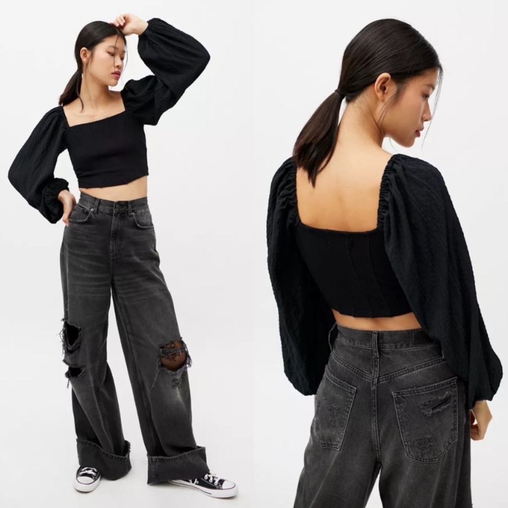Urban Outfitters Claudia Black Balloon Sleeve Cottagecore Crop Top SZ S BOHO